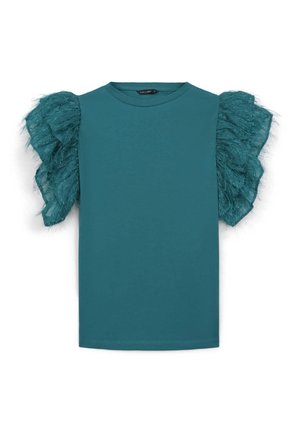 T-shirt teal con maniche corte, caratterizzato da dettagli texturizzati e arricciati. Collo a giro e orlo dritto, realizzato in morbido cotone.
