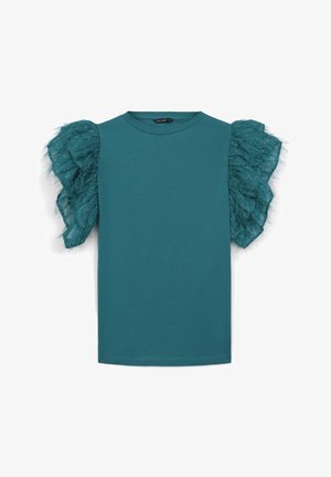 T-shirt teal con maniche corte, caratterizzato da dettagli texturizzati e arricciati. Collo a giro e orlo dritto, realizzato in morbido cotone.