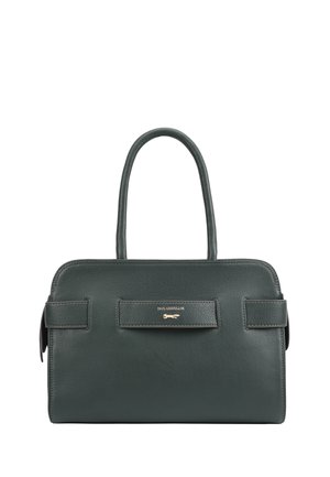Sac à main en cuir vert foncé avec double poignées, forme rectangulaire, et logo Paul Costelloe sur le panneau central avant.