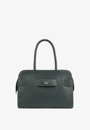 Dark green leather handbag with double handles, rectangular shape, and Paul Costelloe logo on front center panel.