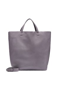 Hellgraue Leder-Tote-Tasche mit doppelten Obergriffen. Einfaches, quadratisches Design mit abnehmbarem Schultergurt und minimaler Markenkennzeichnung.