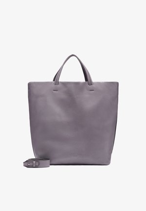 Hellgraue Leder-Tote-Tasche mit doppelten Obergriffen. Einfaches, quadratisches Design mit abnehmbarem Schultergurt und minimaler Markenkennzeichnung.