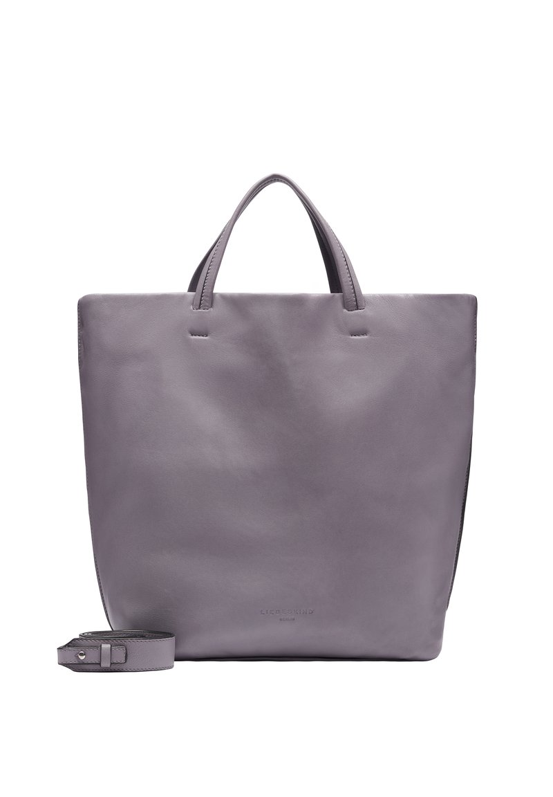 Hellgraue Leder-Tote-Tasche mit doppelten Obergriffen. Einfaches, quadratisches Design mit abnehmbarem Schultergurt und minimaler Markenkennzeichnung.