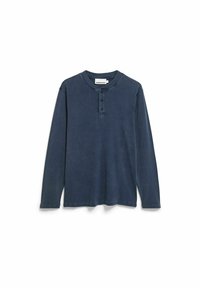 Langärmeliges Henley-Shirt in Dunkelblau. Hergestellt aus strukturiertem Stoff mit Vier-Knopfleiste sowie geripptem Kragen und Bündchen. Ohne Muster oder Verzierungen.