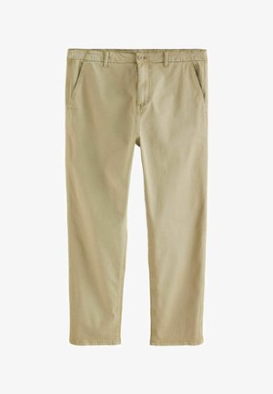 Beige bomuldsbukser med lige ben, fem lommer og knaplukning. Glat tekstur med kontrasterende syninger.