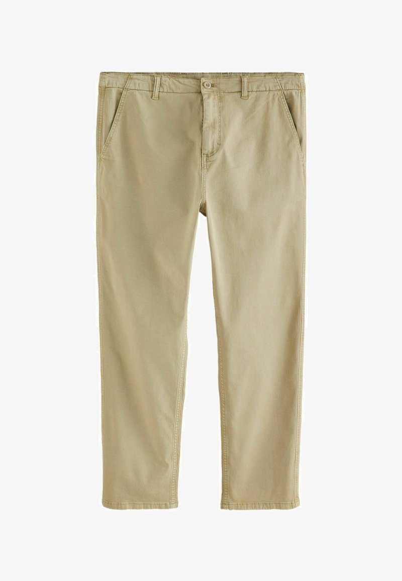 Pantalon en coton beige à jambe droite, avec cinq poches et une fermeture à boutons. Texture lisse avec des coutures contrastantes.