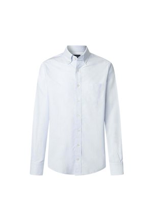 Lichtblauw gestreept overhemd met lange mouwen, met een button-down kraag, borstzak en witte knopen. Katoenen stof met een soepele textuur.