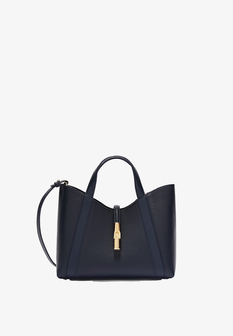 Sac à main en cuir noir avec deux poignées, une longue bandoulière réglable et un fermoir doré central à l'avant.