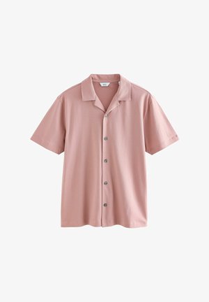 Korte mouwen, lichtroze overhemd gemaakt van zachte stof met een ingesneden kraag en een sluiting met vijf knopen, met een ontspannen pasvorm en een gladde textuur.