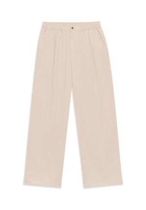 Beige wide-leg pants with an elastic waistband, front button closure, and side pockets, displayed on a white background.