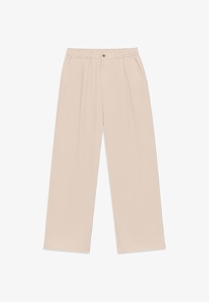 Beige wide-leg pants with an elastic waistband, front button closure, and side pockets, displayed on a white background.