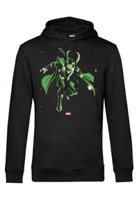 Sudadera con capucha negra que presenta un gráfico verde de un personaje con cuernos, una capa y varios detalles de armadura, con el texto y logo de "LOKI".