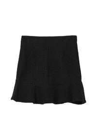 Gonna nera svasata realizzata in tessuto testurizzato con orlo arricciato. Presenta una vita aderente e pieghe sottili per un tocco di design in più.