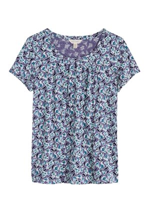 Short-sleeve top made of lightweight fabric featuring a floral pattern in purple, teal, and white with a scoop neckline and pleated front detail.