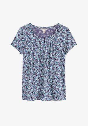 Lyhythihainen paita, joka on valmistettu kevyestä kankaasta ja jossa on kukkakuosi purppuran, turkoosin ja valkoisen sävyissä. Paidassa on pyöreä kaula-aukko ja poimutettu etuosa.