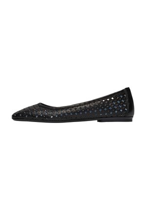 Black ballet flat with perforated synthetic upper featuring geometric patterns, pointed toe, and low heel. Smooth texture and sleek design.