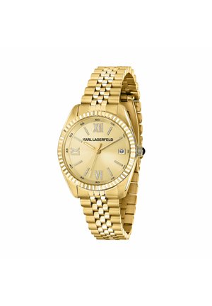 Montre-bracelet Karl Lagerfeld en ton or avec bracelet maillé, index des heures en chiffres romains, guichet de date à 3 heures et trois aiguilles.
