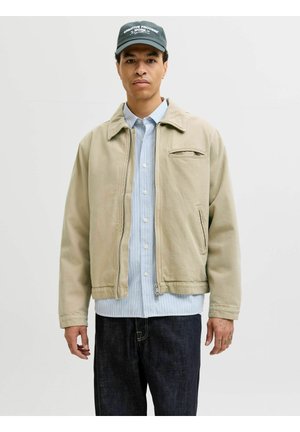 Mand iført beige lynlåstrøje over lyseblå stribet skjorte, mørke jeans og sort kasket med hvid tekst, stående mod en ensfarvet baggrund.