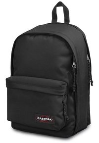 Black backpack made of durable fabric, featuring a large main compartment, front zipper pocket, and reinforced top handle.