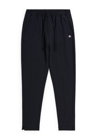Pantalones deportivos negros con cintura elástica, cordón ajustable, bolsillos laterales y detalles de costura sutiles a lo largo de las piernas.