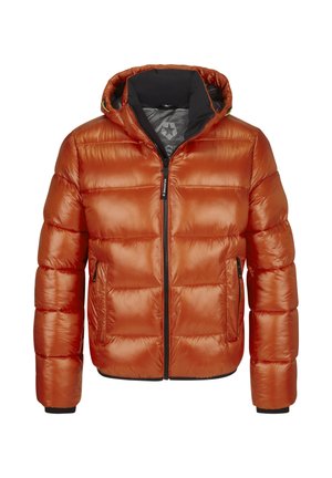 Orangene Pufferjacke mit Kapuze, ausgestattet mit einem Reißverschluss, seitlichen Taschen und elastischen Bündchen. Glatte Textur und genähtes Paneeldesign.