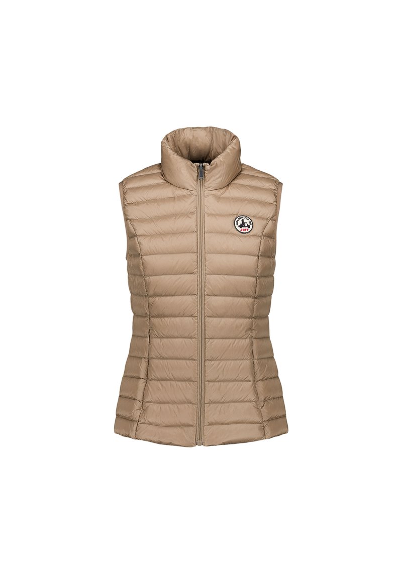 Beige doorgestikte mouwloze gewatteerde bodywarmer met hoge kraag en ritssluiting aan de voorkant, voorzien van een klein rond logopatch op de linkerborst.