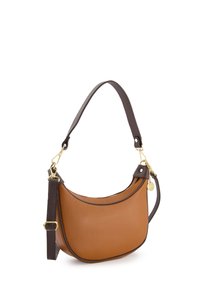 Leder-Schultertasche in Braun mit braunem Trageriemen. Abgerundete Form mit goldenen Beschlägen und texturiertem Oberflächendesign. Verstellbarer Trageriemen enthalten.
