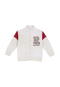 Chaqueta blanca con cremallera y hombros rojos, puños y dobladillo acanalados. Presenta una letra "R" texturizada y el texto "MAJOR LEAGUE" en marrón.
