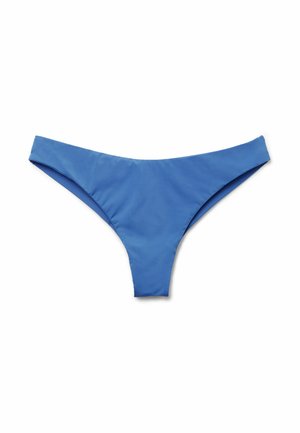 Bas de bikini bleu en tissu nylon lisse, présentant un design simple et épuré avec une taille basse et une couverture minimale.