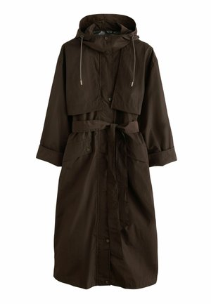 Manteau marron, léger, à mi-longueur, avec capuche, boutons pressions et ceinture. Présente de grandes poches et des manches retroussables pour un ajustement décontracté.
