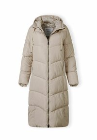 Cappotto lungo imbottito beige con cappuccio, dotato di zip frontale, polsini elasticizzati e motivi di cucitura diagonale sul corpo.