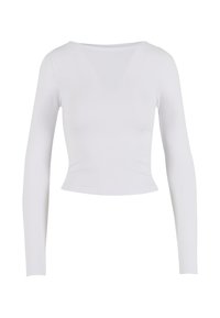 Weißes langärmliges, cropped Top aus elastischem Stoff. Es hat einen runden Halsausschnitt und eine glatte Textur ohne Muster oder Verzierungen.