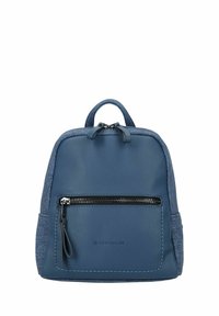 Zaino in pelle blu con un'accenno in tessuto testurizzato, dotato di una tasca frontale con zip e doppie cerniere in cima. Forma compatta e rettangolare.