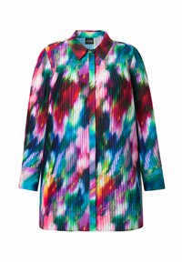 Multifarvet plisseret bluse med krave og lange ærmer; levende mønstre i nuancer af rød, blå, grøn og lyserød.