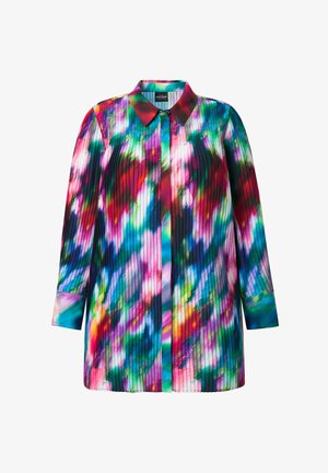 Monivärinen laskostettu pusero, jossa on kaulus ja pitkät hihat; eloisa kuviointi punaisen, sinisen, vihreän ja vaaleanpunaisen sävyissä.