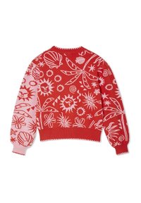 Pull rouge et rose avec motifs tropicaux et de soleil, comprenant des coquillages, des palmiers, des fleurs et divers dessins de soleil au dos et sur les manches.