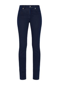 Ciemnoniebieskie dżinsy o slim fit, z zapięciem na guziki z przodu, szlufkami na pasek i standardowymi kieszeniami. Gładka tekstura z minimalnym przetarciem.