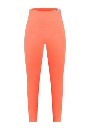 Hochgeschnittene Leggings in leuchtendem Korallrot, aus elastischem Material. Glatte Textur, körperbetontes Design und keine sichtbaren Nähte oder Muster.
