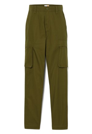 Olivgrüne Cargo-Hosen aus leichtem Material mit geradem Schnitt, ausgestattet mit zwei großen Seitentaschen und Gürtelschlaufen.