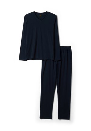 Langärmliges schwarzes V-Ausschnitt-Oberteil und passende schwarze elastische Bundhose, flach auf weißem Hintergrund ausgelegt.