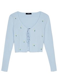 Ljusblå ribbad långärmad kort cardigan med små gula blommor broderade och frontknutningar.