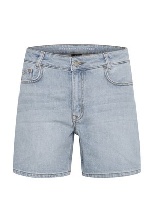 Gaiši zili džinsa šorti ar pieguļošu jostu, priekšējiem kabatām un pogu aizdari. Iezīmētas ar neformālu šuvumu un taisnu griezumu pie kājām.