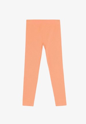 Legginsy w kolorze brzoskwiniowym wykonane z prążkowanej tkaniny. Dopasowany krój z wysokim stanem, gładka faktura, bez widocznych wzorów czy zdobień.