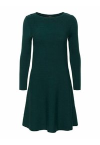 Robe en tricot à manches longues de couleur vert foncé avec un col rond et une jupe évasée, présentée sur un fond blanc uni.