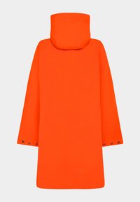 Orange raincoat with a hood, featuring long sleeves and snap-button accents at the cuffs. Smooth, waterproof material, simple design.