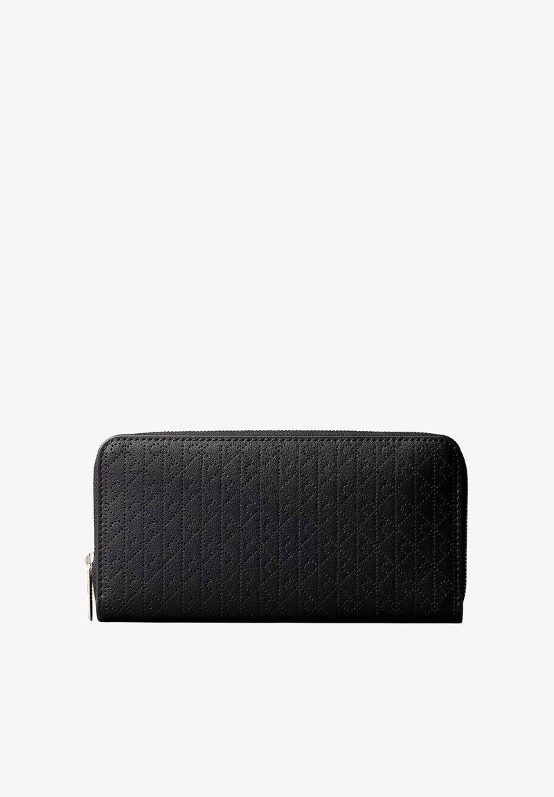 Portefeuille noir avec fermeture éclair tout autour, motif de piqûre diagonale texturée et tirette argentée, présenté sur fond blanc.