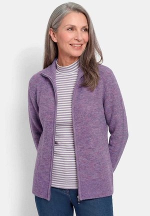 Frau mit langen grauen Haaren, die einen lila Zip-Pullover über einem gestreiften Hemd trägt, lächelnd und zur Seite blickend vor einem schlichten Hintergrund.