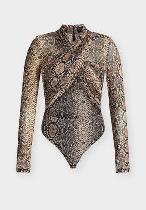 Long-sleeve bodysuit in a snake print design featuring a wrap-style front and high-cut legs. Colors include shades of brown and black.