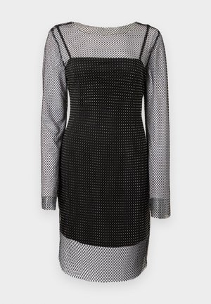 Black mini dress with long, sheer mesh sleeves and a fitted bodice, featuring a grid pattern and subtle metallic accents throughout.