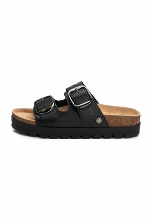 Sandalia negra con dos hebillas ajustables, plantilla de corcho, suela negra texturizada y correas de cuero lisas. Diseño ligero y casual.